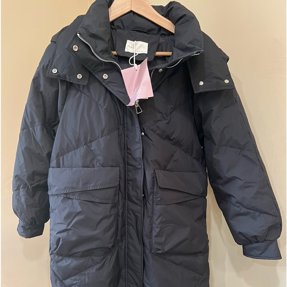 Nap Loungewear Long Hooded Puffer Coat - Size M medium - Black